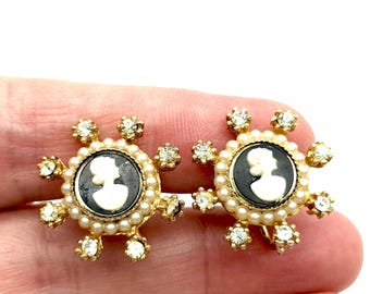 Vintage Signed Coro Gold Tone & Faux Cameo Screw-Back Earrings - 7/8"