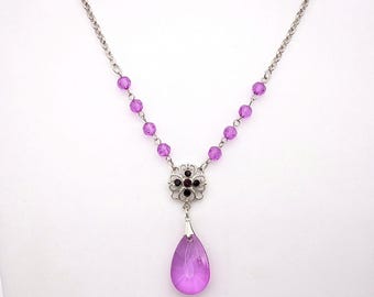 Vintage 1928 Purple & Silver Beaded Chain Y Necklace - 16-19" Adjustable