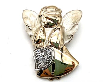 Golden Angel Rhinestone Heart Brooch with Pearlized Enamel Wings