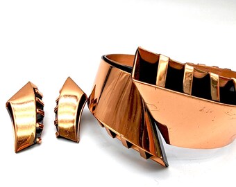 Vintage Solid Copper Hinged Bangle Bracelet & Clip Earrings Set