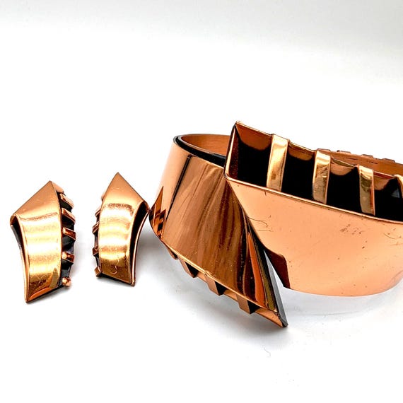 Solid Copper Hinged Bangle Bracelet & Clip Earrin… - image 1