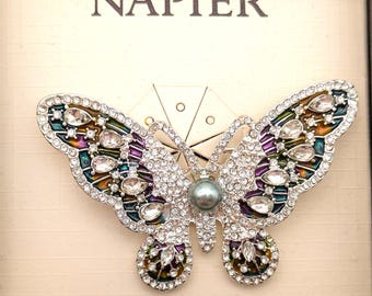 Vintage Silver & Blue Rhinestone Faux Pearl Butterfly Brooch Signed Napier in Original Box