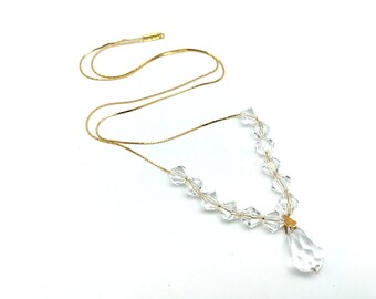 Long Vintage Crystal Bead & Gold Chain Teardrop Pendant Necklace - 24"