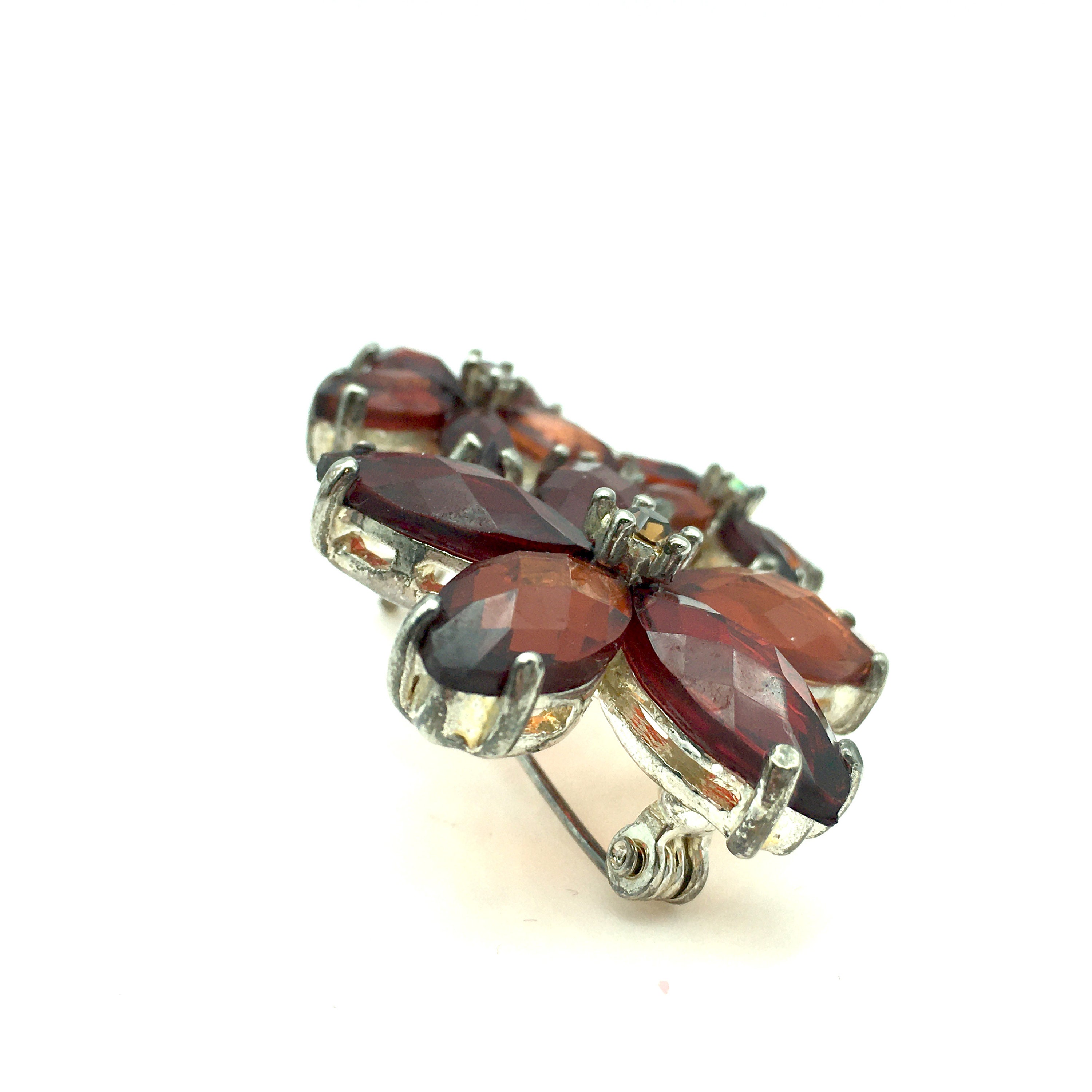 Vintage Ruby Red & Orange Faceted Glass Flower Brooch Etsy