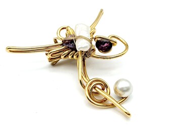 Vintage Gold Tone Pearl & Purple Crystal Abstract Brooch - 2"