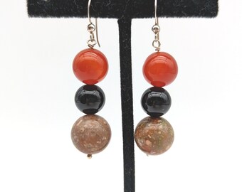 Vintage Sterling Silver Carnelian, Agate & Onyx Beaded Dangle Earrings