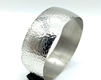 Wide Hammered Sterling Silver Bangle, Lightweight - 8.25"