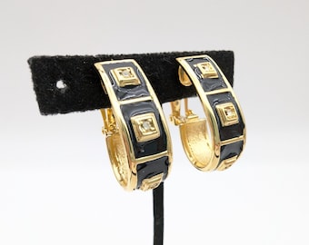 Black Enamel, Rhinestone & Gold Tone Oval Hoop Clip Earrings - 1.5"