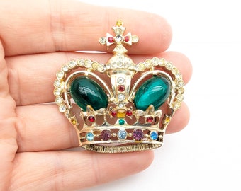 Vintage Rhinestone & Glass Cabochon Crown Brooch - 2"