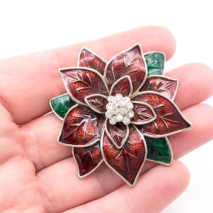 Vintage Red & Green Guilloche Enamel Rhinestone Poinsettia Flower Holiday Brooch