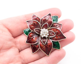 Vintage Red & Green Guilloche Enamel Rhinestone Poinsettia Flower Holiday Brooch