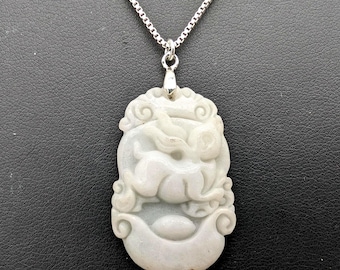 Sterling Silver & Carved Jade Chinese Zodiac Rabbit Pendant Necklace - 20"