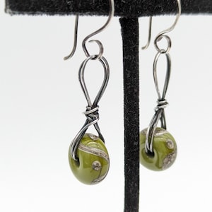 Artisan Oxidized Sterling Silver & Green Art Glass Dangle Earrings