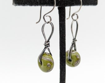 Artisan Oxidized Sterling Silver & Green Art Glass Dangle Earrings