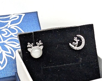 Sterling Silver Reindeer & Moon CZ Stud Earrings, Matched or Mismatched