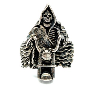 Vintage Oxidized Silver Plated Grim Reaper on a Motorcycle Men's Biker Ring Signed G&S  - Size 13.2