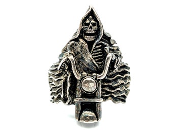 Vintage Oxidized Silver Plated Grim Reaper on a Motorcycle Men's Biker Ring Signed G&S  - Size 13.2