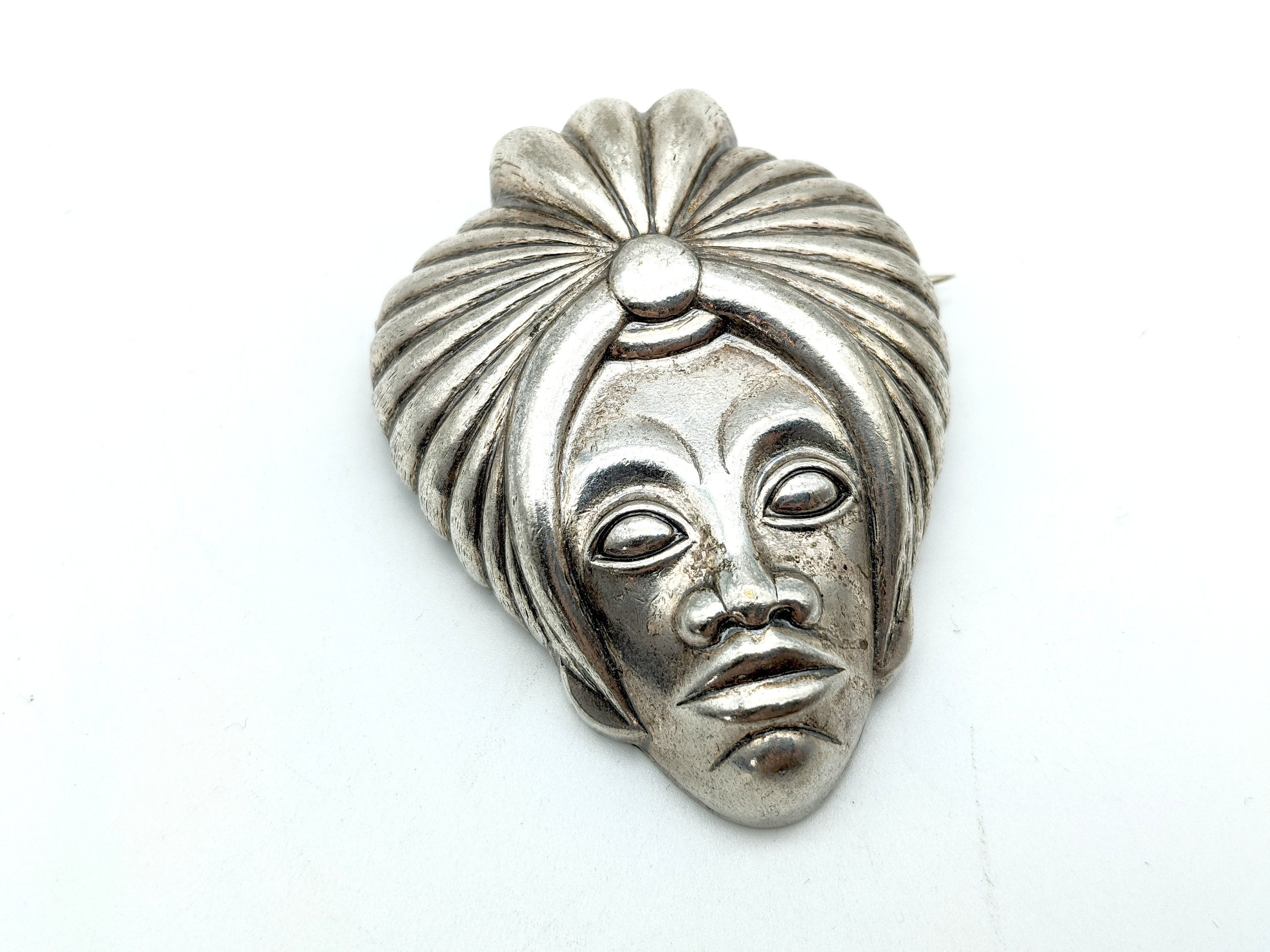 Broche Vintage En Bronze Doré - Visage D'homme Au Turban, Style Art Déco, Origine France