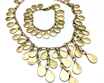 Signed St. Thomas Brushed Gold Teardrop Bib Necklace & Bracelet Set