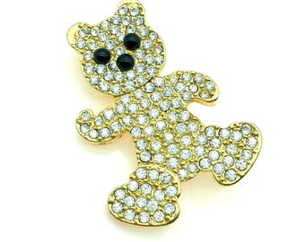 vintage Rhinestone-Studded Gold-Tone Teddy Bear Brooch