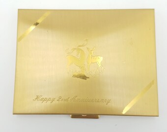 Vintage Brass Cigarette Case Marked, "Happy 2nd Anniversary" With Deer Motif