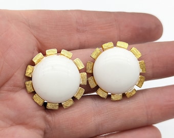 1960s White Lucite and Brushed Gold Tone Floral Clip Earrings Signed Marvella - 1"