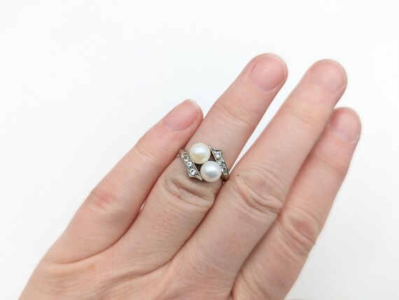 Vintage 10K White Gold Cultured Pearl and CZ Ring… - image 9