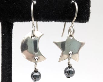 Sterling Silver & Hematite Moon and Star Earrings
