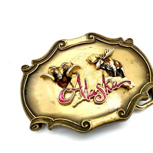 Vintage 1978 Brass & Enamel Alaska Figural Sheep and Moose Belt Buckle by Plaintree