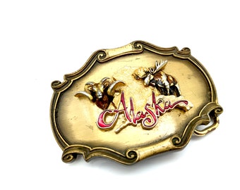Vintage 1978 Brass & Enamel Alaska Figural Sheep and Moose Belt Buckle by Plaintree