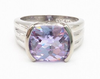 Checkerboard Cut Amethyst CZ & Sterling Silver Solitaire Ring - Size 8