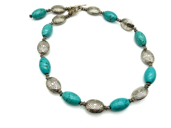 Vintage Faux Turquoise Glass & Etched Silver Bead… - image 2