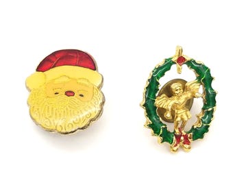 Set of 2 Vintage Enameled Holiday PIns - One Santa and one Angel in a Christmas Wreath