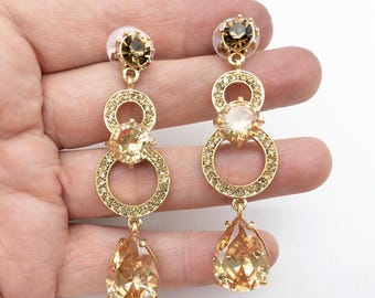 Peachy Pink Goldtone Circle Rhinestone Dangle Earrings - 2.75"