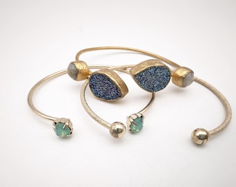 Lot of 3 Vintage Cuff Bracelets; Druzy, Labradorite & AB Rhinestone