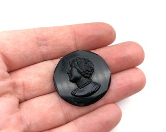 Antique Czech Black Jet Glass Cameo Brooch - 30mm