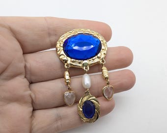 Vintage Gold Tone and Faux Pearl Blue Rhinestone Brooch
