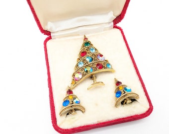 Vintage Weiss Rhinestone Christmas Tree Brooch & Clip On Earrings Set