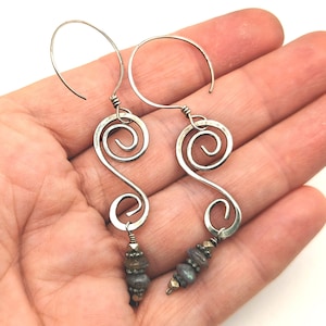 Vintage Artisan Labradorite & Sterling Silver Spiral Dangle Earrings