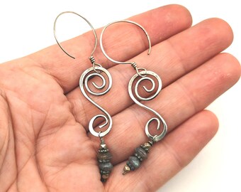Vintage Artisan Labradorite & Sterling Silver Spiral Dangle Earrings