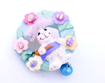 Vintage Resin Easter Bunny Wreath Brooch