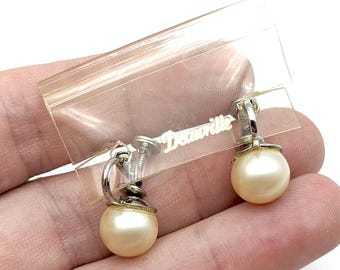 Silvertone & Faux Pearl Clip/Screw Back Earrings Signed Deauville