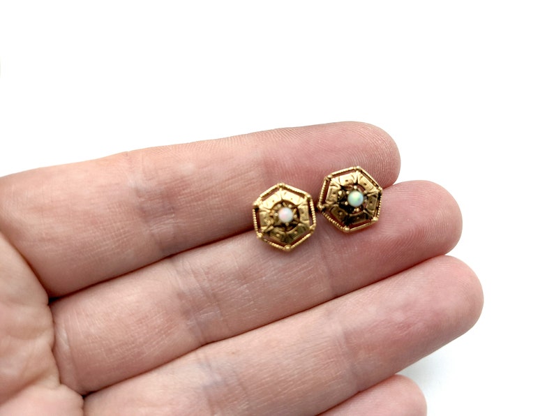 Antique Art Deco 14K Gold /& Opal Stud Earrings