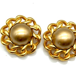 Vintage Signed Carolee Gold Tone Faux Pearl Rope Bezel Clip Earrings - 1.5&quot;