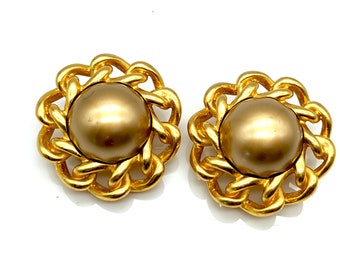 Vintage Signed Carolee Gold Tone Faux Pearl Rope Bezel Clip Earrings - 1.5"