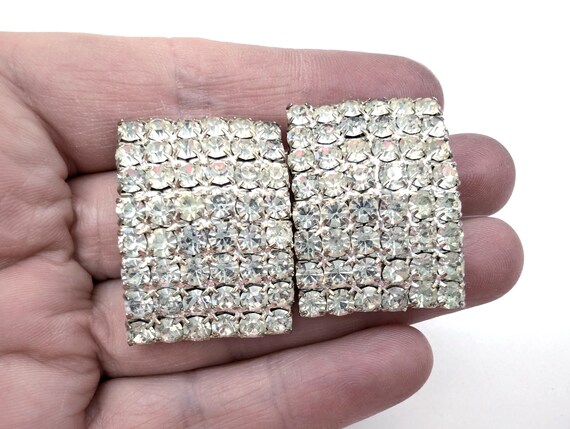 Large Rectangular Pave Rhinestone Clip Earrings -… - image 7