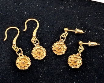 18K Gold Vermeil Sterling Silver Flower Dangle Earrings; 3D Flower Earrings