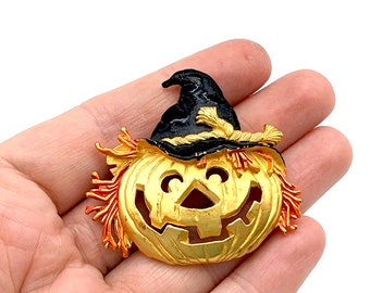 Vintage Enameled Scarecrow Pumpkin Jack-o'-Lantern Pin Signed Jonette Jewelry - 2"