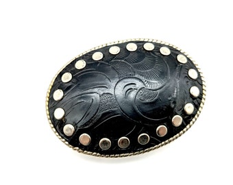 Vintage Embossed Black Leather & Silver Studded Belt Buckle