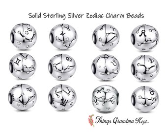 Sterling Silver & CZ Zodiac Constellation Charm Bead, Compatible with All European Charm Bracelets/Pandora